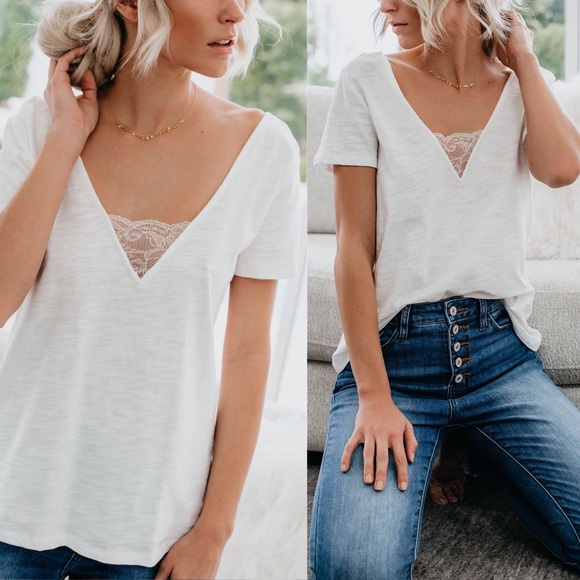 NEW! V-Neck Basic Lace Tee, White - Picture 2 of 6